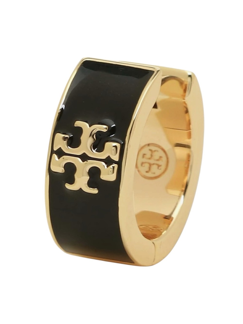 Tory Burch Kira Black Logo Huggie Hoop Earrings In 18K Gold Plated - Picture 3 of 5